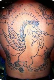 Back black line wings flying horse and cloud tattoo pattern