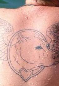 Back black line dog head with wings tattoo pattern