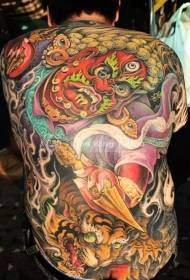 Espalda completa Vajrapani bodhisattva y patrón de tatuaje pintado con tigre