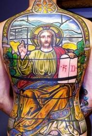 Full back colored Jesus sermon portrait tattoo pattern