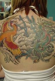 Girls back color Asian style dragon and phoenix tattoo pattern