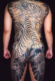 Men's back tiger flower tattoo