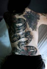 Back big snake and flowers full back tattoo pattern