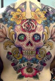 Back flowers and colorful skull tattoo pattern
