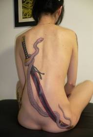 Full back painted Japanese katana and snake tattoo pattern
