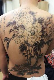 Men's back-looking ink peony flower tattoo