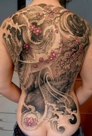 Full back cute black gray phoenix and red cherry tattoo pattern