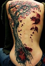 Atgal nuostabus juodų ir raudonų didelių medžio lapų širdies tatuiruotės raštas