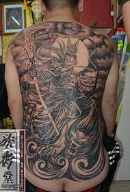 Full back domineering Erlang god and Tengu tattoo pattern