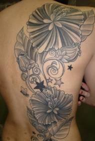 背部梦幻般的黑色花朵和星星纹身图案