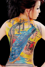 Hermoso tatuaje de pavo real en la espalda de color en la espalda