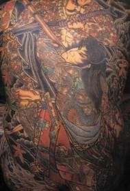 Patrón de tatuaje de espalda completa de color Samurai japonés