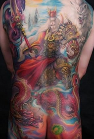Густа кольорова татуювання Erlang Shenjun на спині