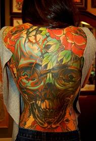 Full back skull rose tattoo pattern