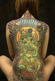 Schoolgirl full of colorful elephant god tattoos