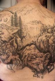 Full back wolf mountain range landscape tattoo pattern