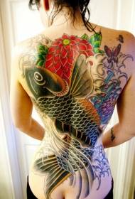 Female full back traditional carp flower color tattoo pattern