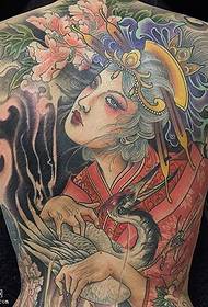 Back Japanese style geisha tattoo pattern