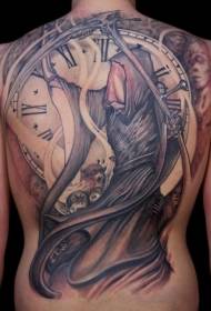Back death and clock ghost tattoo pattern