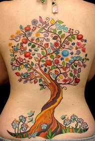 Dziewczyna z powrotem tatuaż kolorowe cukierki drzewo tatuaż