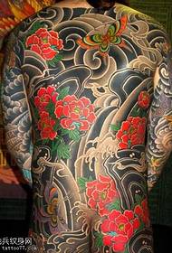 Full back water peony flower tattoo pattern