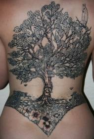 Indietro modello di tatuaggio albero e fiore nero