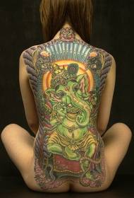 Back Indian Green Ganesha Elephant Tattoo Pattern