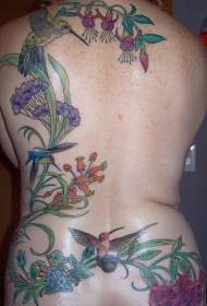 Back colored flowers and hummingbird tattoo pattern