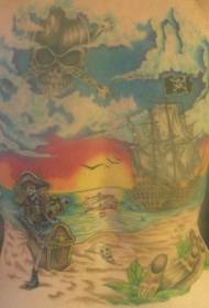 Atpakaļ pirātu motīvs pludmales ainavas tetovējums