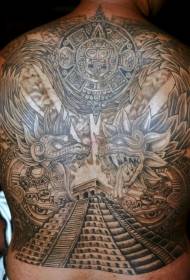 Full back Aztec pyramid and idol tattoo pattern
