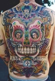 Colorful Mexican skull tattoo pattern on the back