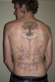 Árbol de la vida trasera con patrón de tatuaje de loto de estanque