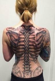 Girl back black gray sketch point thorn skill creative large area full back bone tattoo picture