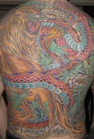 Full colored snake and lion lotus tattoo pattern