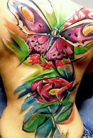 Female full back ink butterfly and flower tattoo pattern