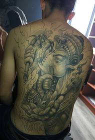 Black gray elephant god tattoo pattern covering the entire back