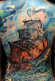 Wind and rain, full of back, dazzling pirate ship tattoo, thorn