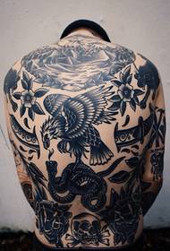 The entire back is sprinkled with alternative totem tattoos