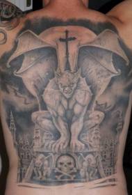 Fantasma in pietra di frassino nero a dorso pieno e motivo tatuaggio croce chiesa