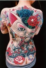 Girl back colored enchanting cat flower tattoo pattern