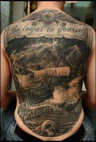 Full-backed sailing raft and letter tattoo pattern