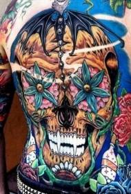 Patrón de tatuaje de combinación de flor de calavera colorida de color de espalda