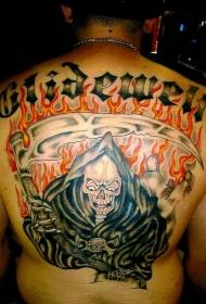 Back flame with death and character tattoo pattern