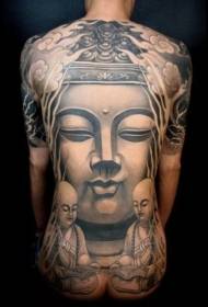 Schwarz-graues Tätowierungsmuster der großen Buddha-Statue mit vollem Rücken