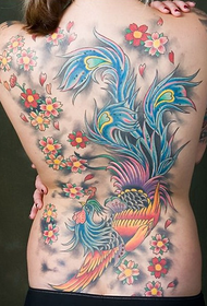 Female full back phoenix cherry blossom tattoo pattern