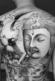 Buong balik na itim at kulay abo na pattern ng tattoo ng Buddha na puno ng pagkatao