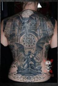 Gargoyle and ancient buildings full of back tattoos
