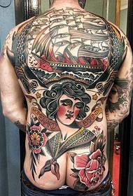 Teljes hátsó kreatív vitorlás karakter tetoválás