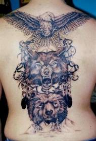Back wolf eagle and bear head black gray tattoo pattern