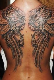 Fantasy black wings back tattoo pattern